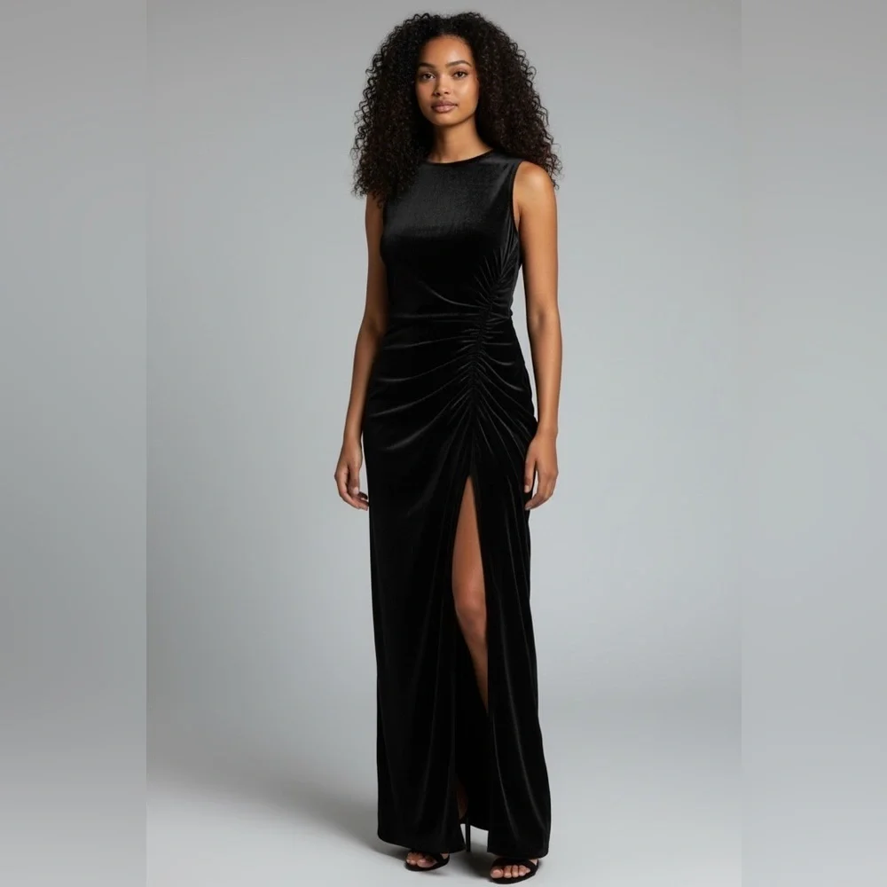 Veronica Beard silk velvet Elegant Black ruched Maxi sleeveless Dress romantic - Picture 2 of 15